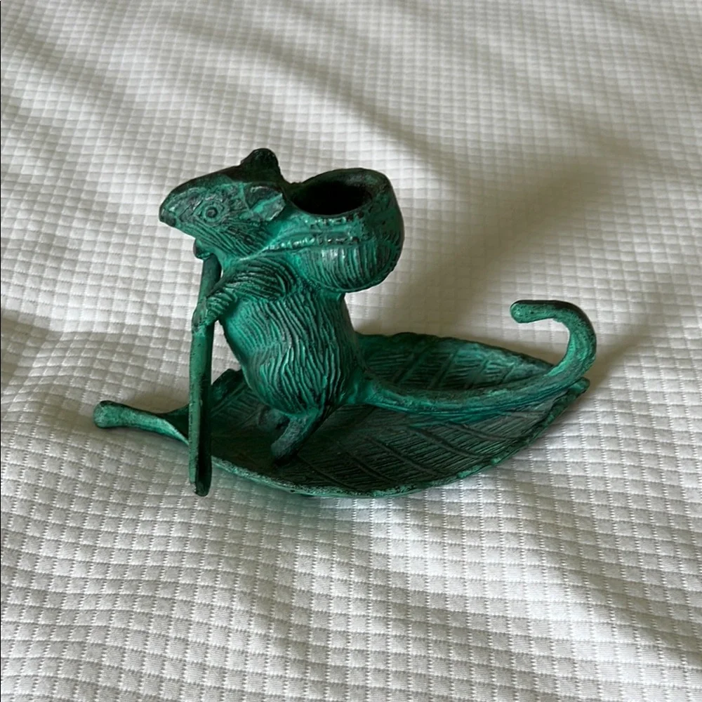 Green Mouse on a Leaf with a paddle Candle Holder Accent with Vintage Charm